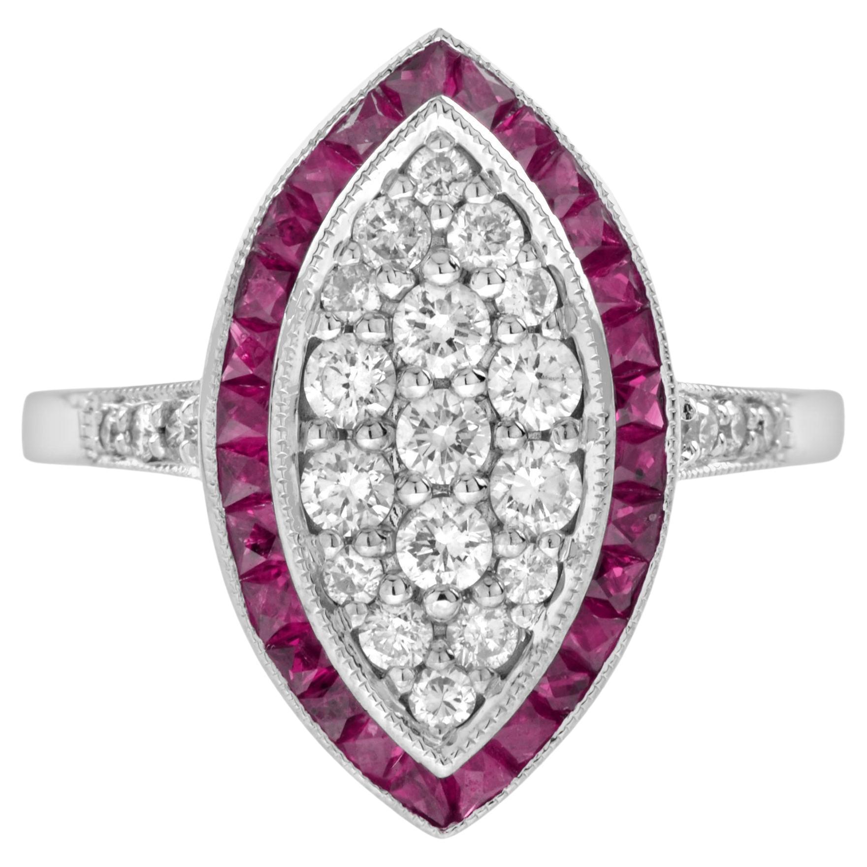 Diamond Cluster and Ruby Art Deco Style Dinner Ring in 18K White Gold
