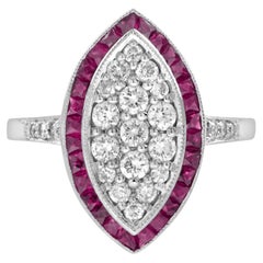 Anello con diamanti e rubini in stile Art Deco in oro bianco 18 carati