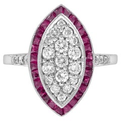 Bague de style Art déco en or blanc 18 carats, grappe de diamants et rubis