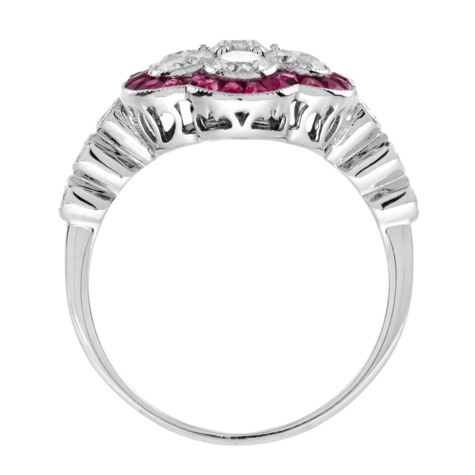 Anello in stile Art Déco con diamanti e rubini in oro bianco 18 carati in vendita 1