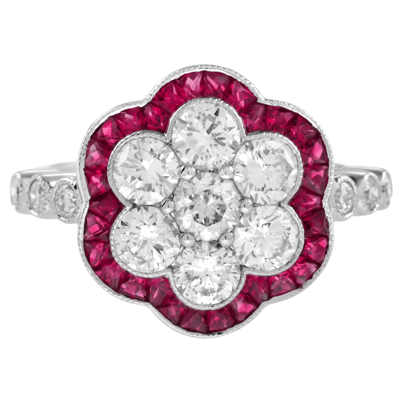 Diamond Cluster and Ruby Art Deco Style Ring in 18K White Gold