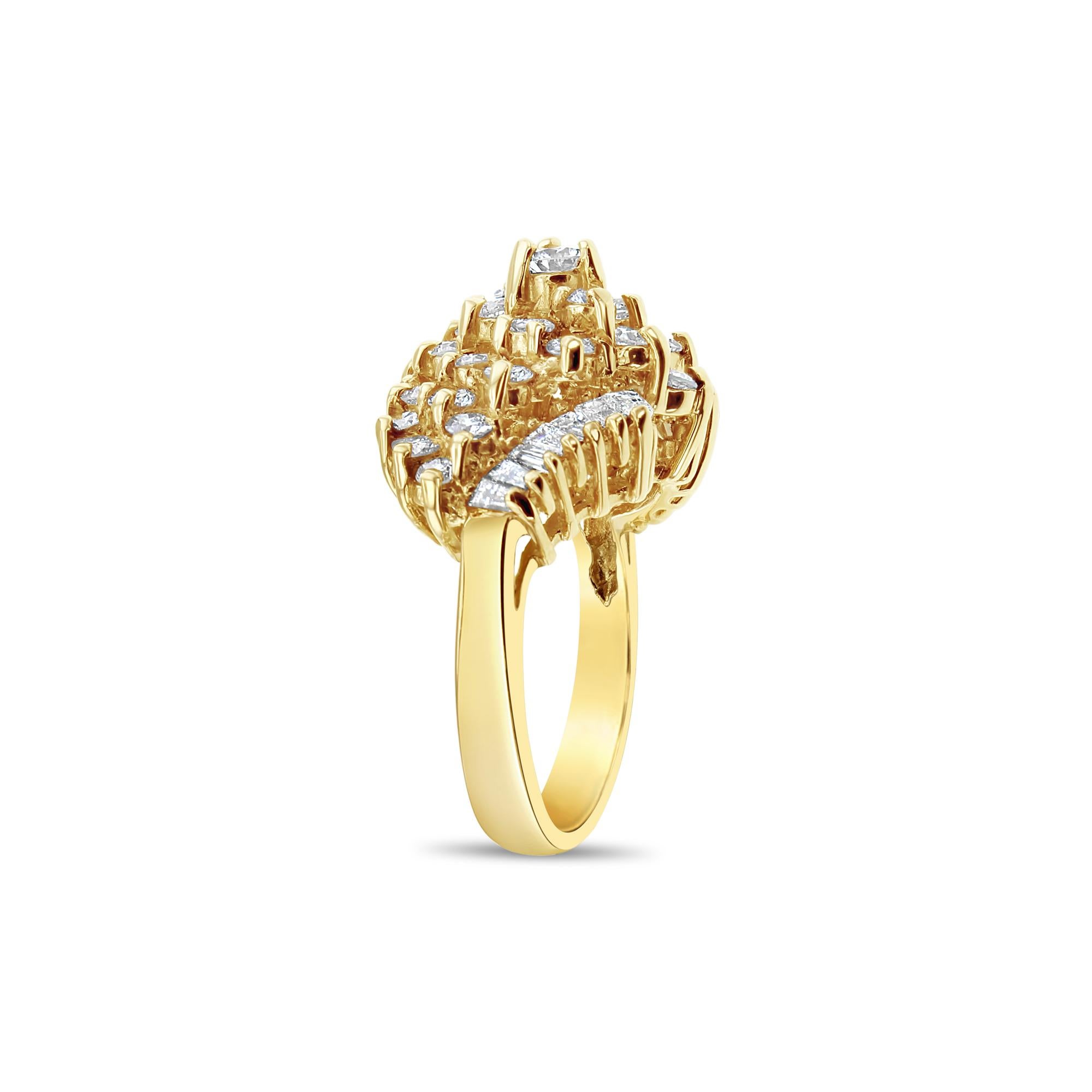 ♥ Product Summary ♥

Main Stone: Diamonds
Approx. Diamond Carat Weight: 2.50cttw
Diamond Color: G/H
Diamond Clarity: VS2/SI1
Diamond Cut: Round & Tapered Baguette 
Band Material: 14k Yellow Gold
Dimensions: 16mm x 21mm
Weight: 8 grams
