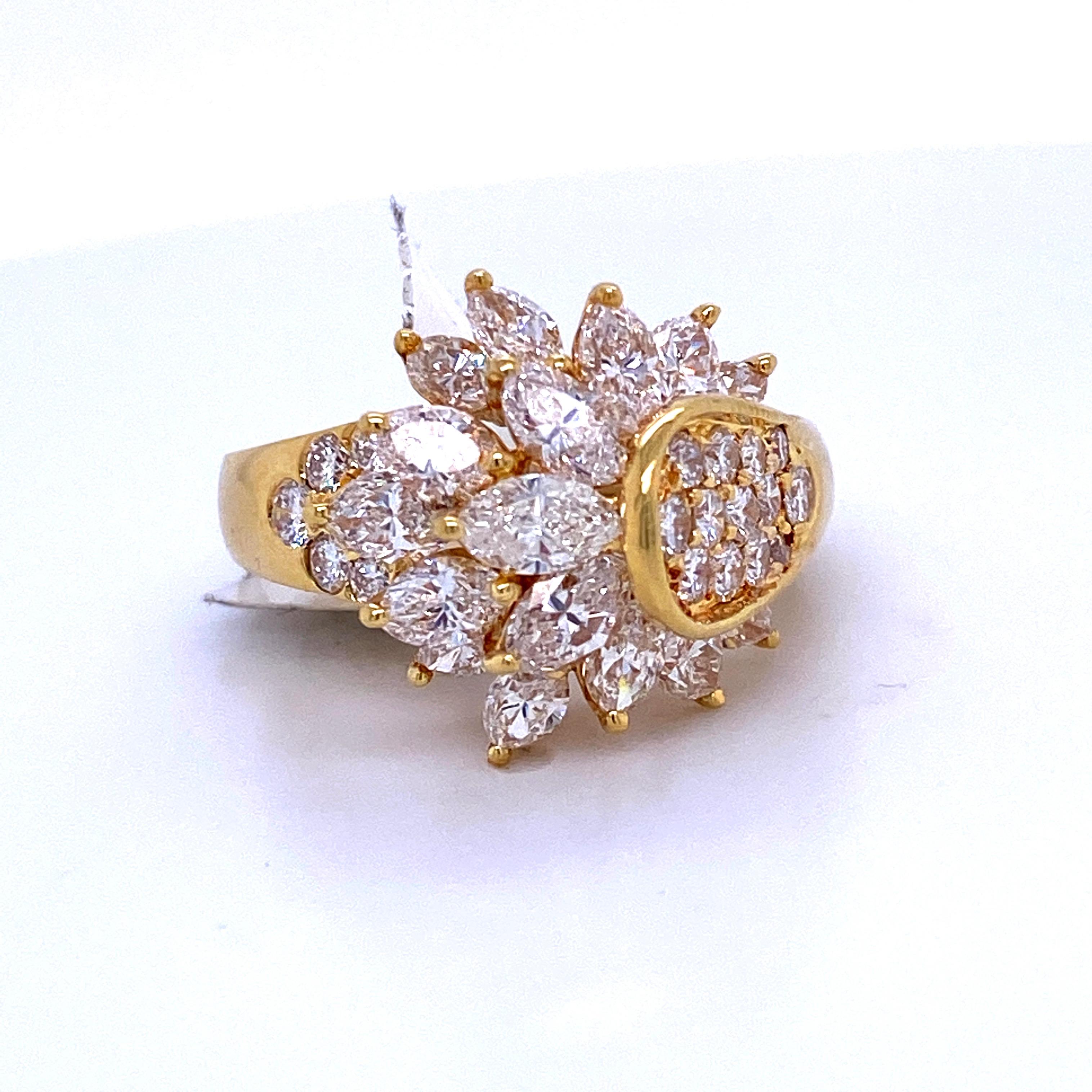Marquise Cut Diamond Cluster Cocktail Ring 3.14 Carat 18 Karat Yellow Gold