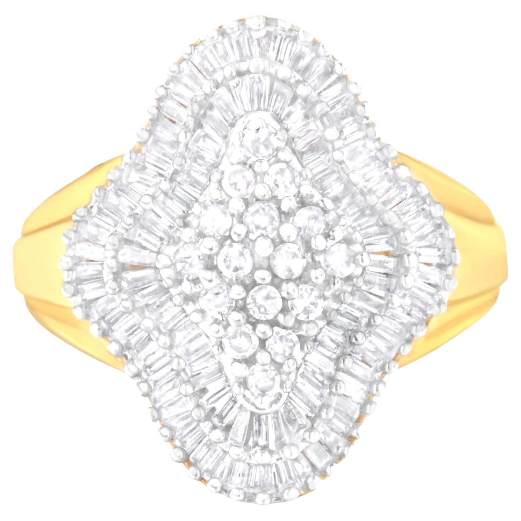 Diamond Cluster Cocktail Ring Baguette and Round Cut 0.9 Carats 10K Yellow Gold For Sale