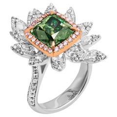 Diamond Cluster Cocktail Ring with 3.51ct Fancy Brownish Greenish Yellow Cushion