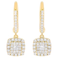 Diamond Cluster Dangle Earrings Princess and Round Cut 0.62 Carats 14K Gold