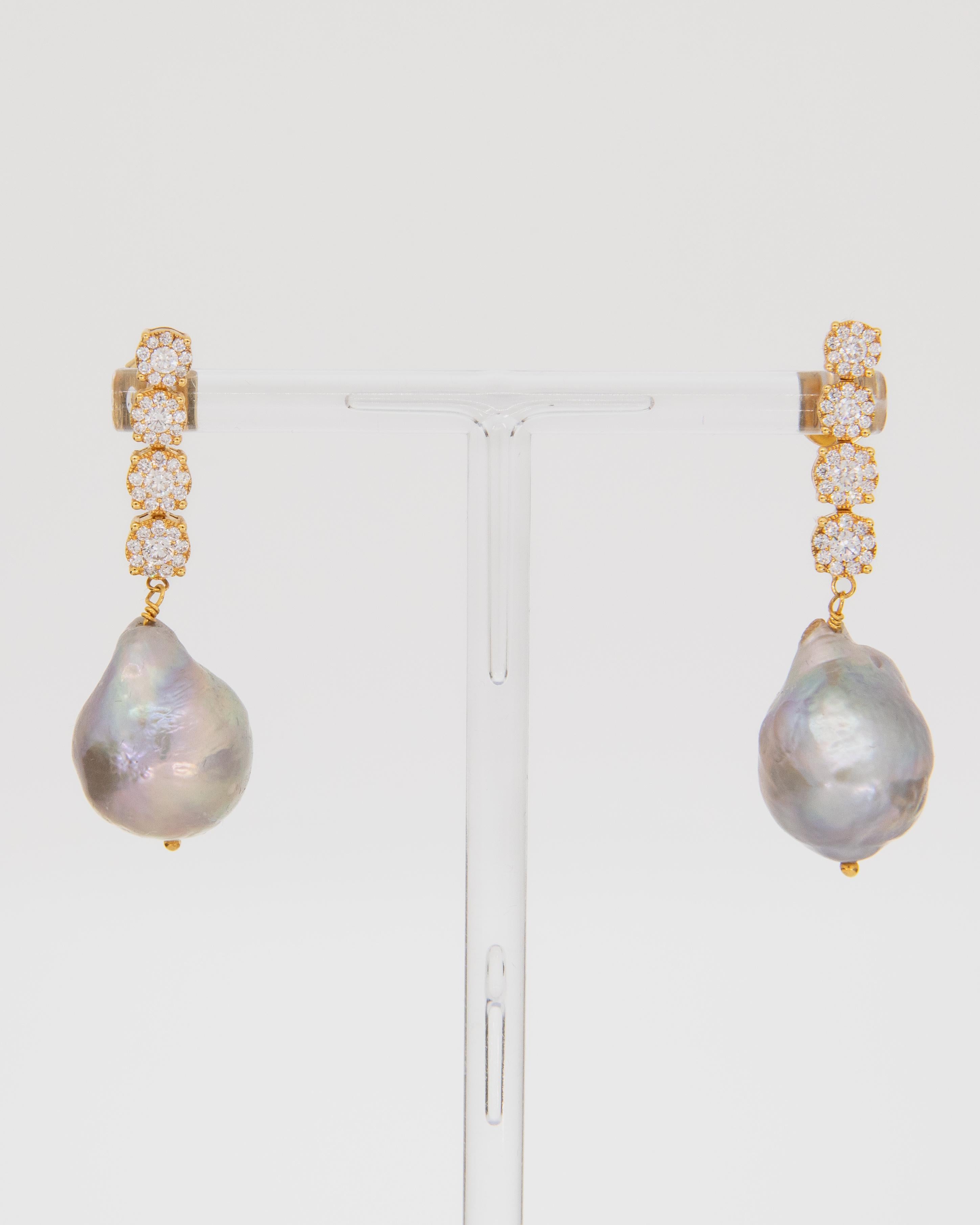 Diamond Cluster Drop Earring With baroque pearls For Sale 1