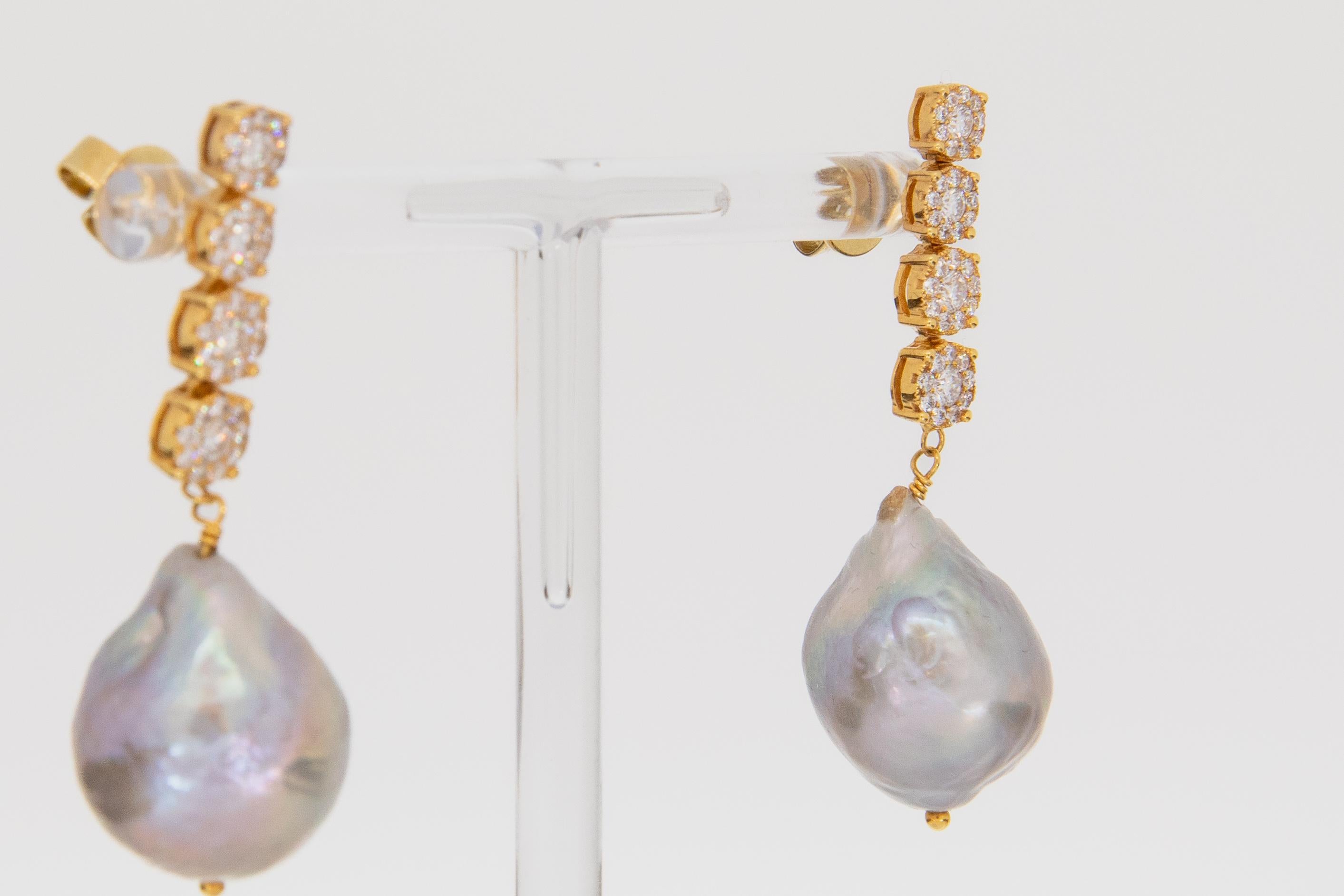 Diamond Cluster Drop Earring With baroque pearls For Sale 3