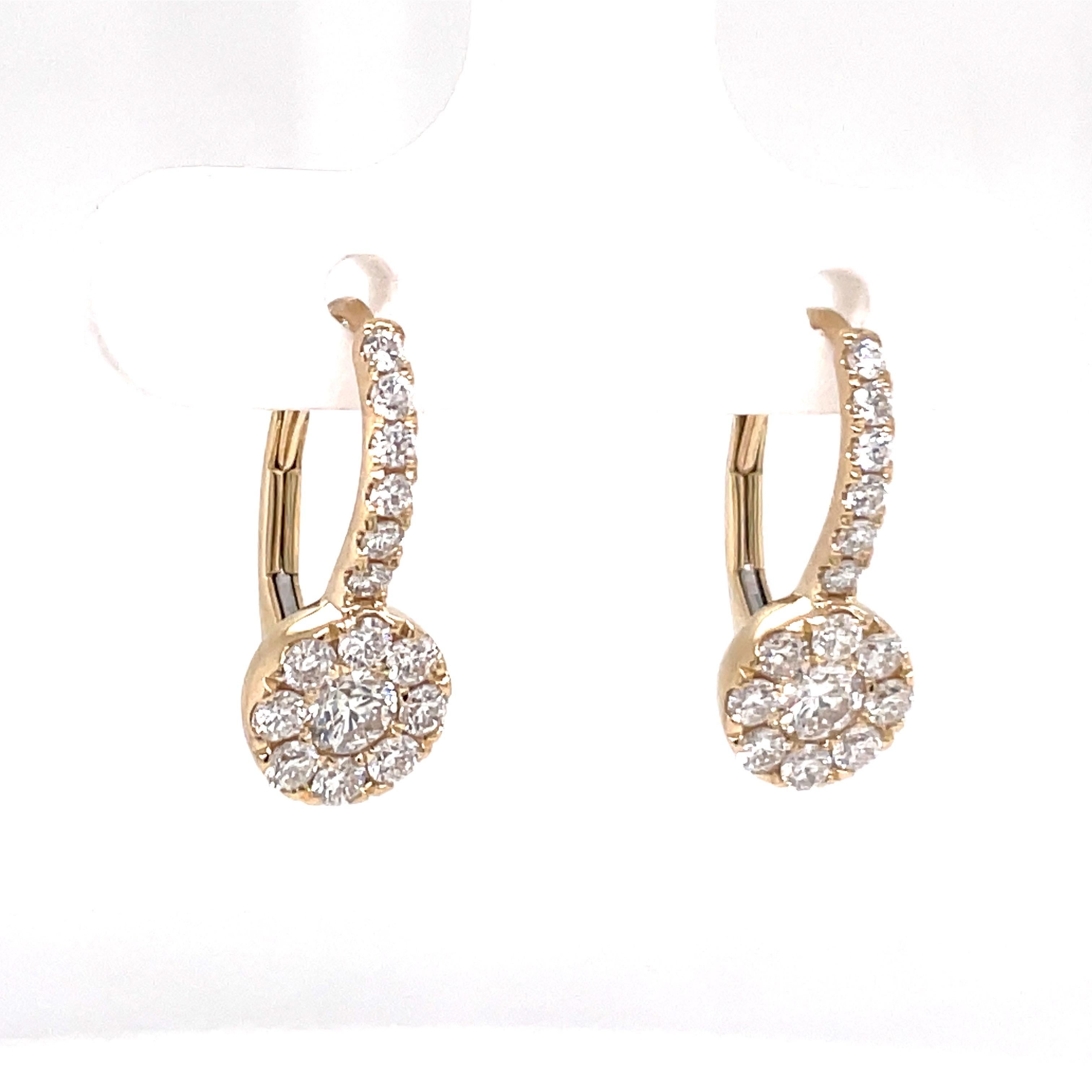 Contemporary Diamond Cluster Drop Earrings 0.82 Carats 14 Karat Yellow Gold 2.3 Grams For Sale