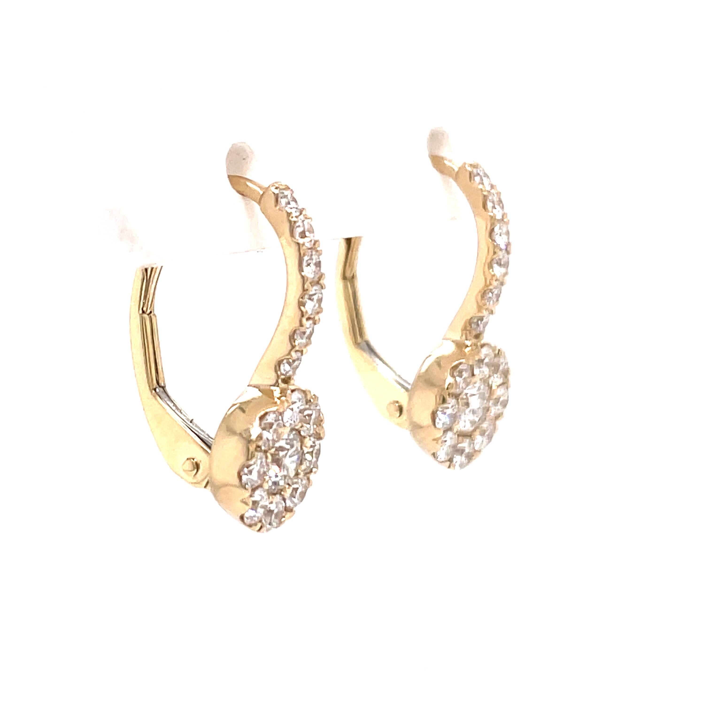 Round Cut Diamond Cluster Drop Earrings 0.82 Carats 14 Karat Yellow Gold 2.3 Grams For Sale