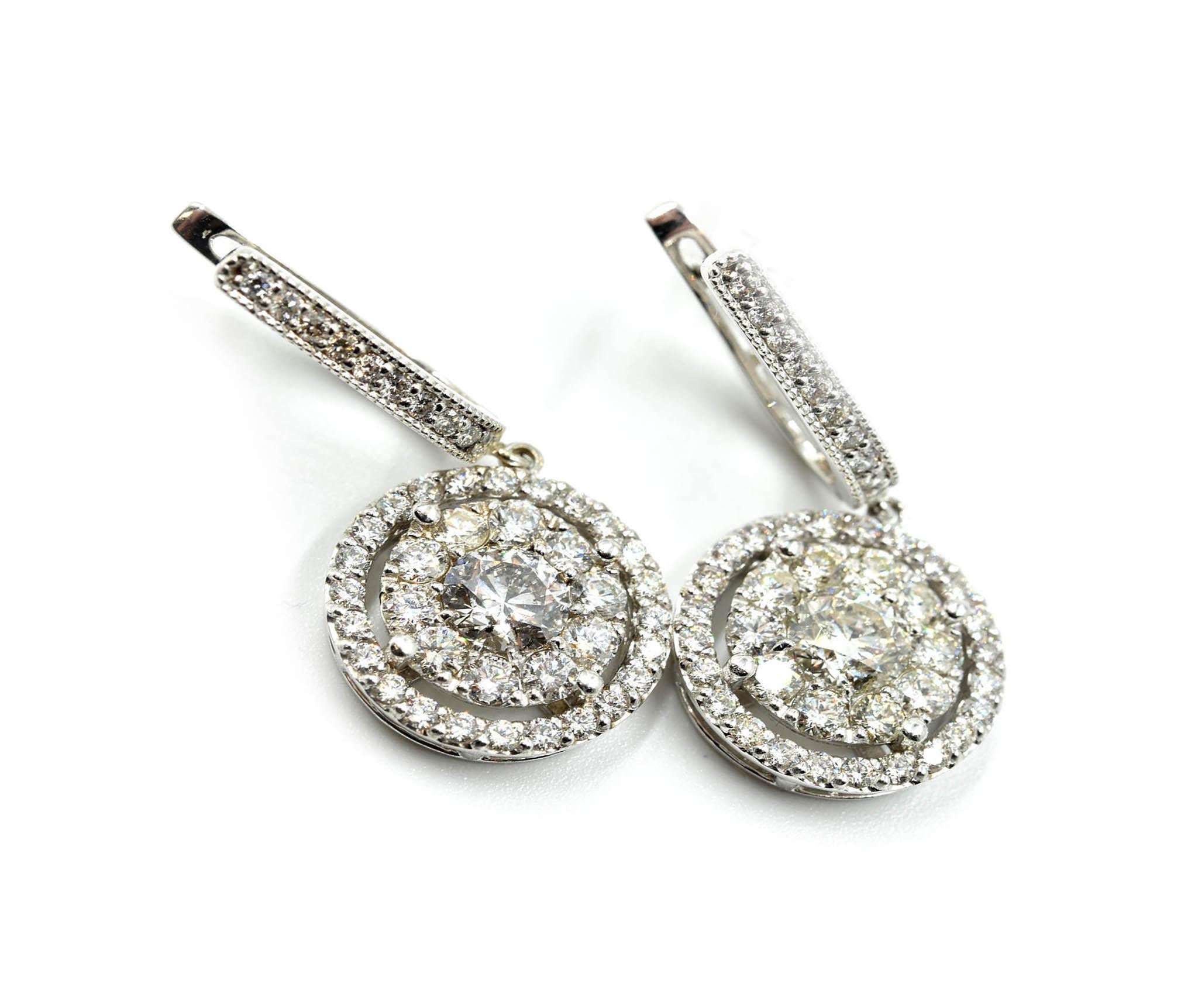 Round Cut Diamond Cluster Drop Earrings 14 Karat White Gold