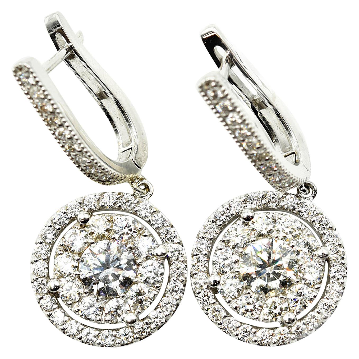 Diamond Cluster Drop Earrings 14 Karat White Gold