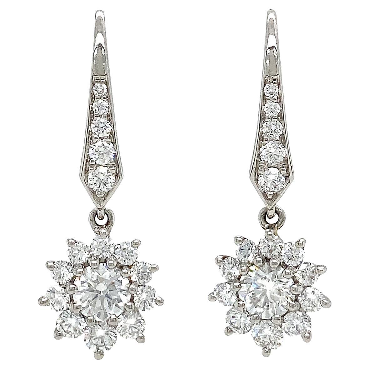 Platinum Diamond Cluster Drop Earrings