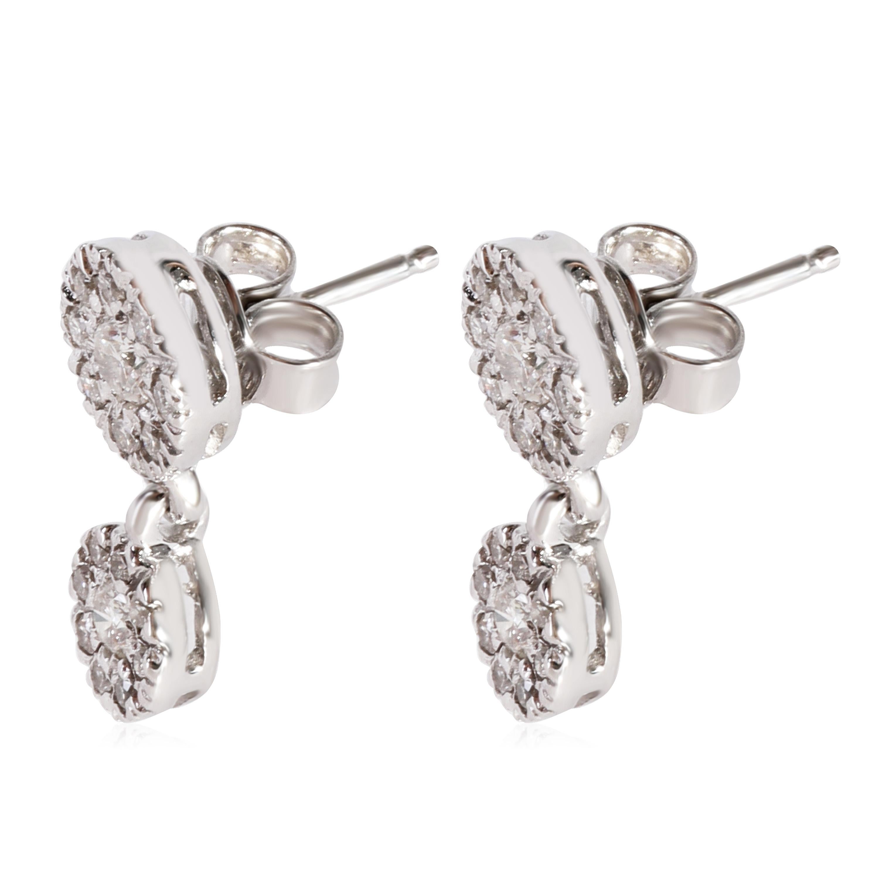 Round Cut Diamond Cluster Drop Earrings in 14k White Gold 1/1 Ctw For Sale