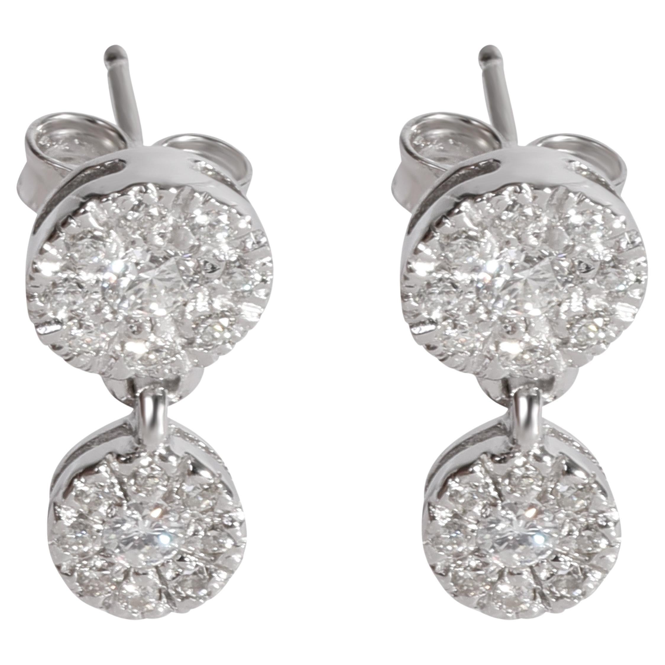 Diamond Cluster Drop Earrings in 14k White Gold 1/1 Ctw For Sale