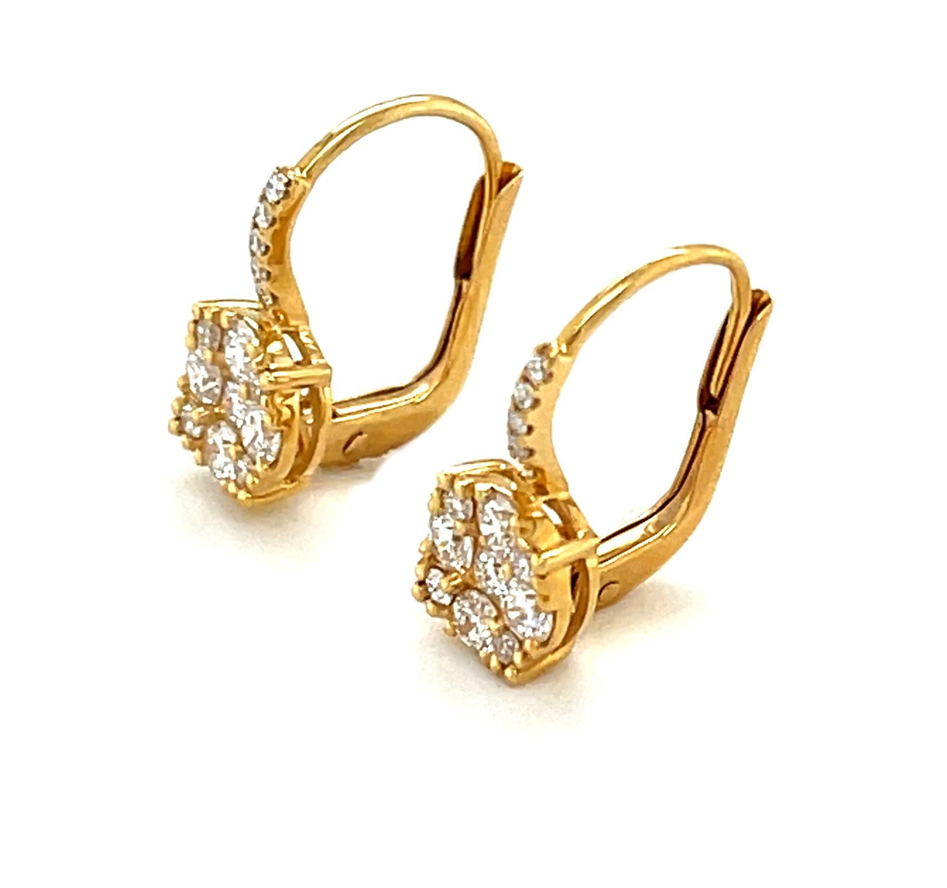 Diamant-Cluster-Tropfen-Ohrringe aus 18 Karat Gelbgold mit Hebelverschluss (Rundschliff)