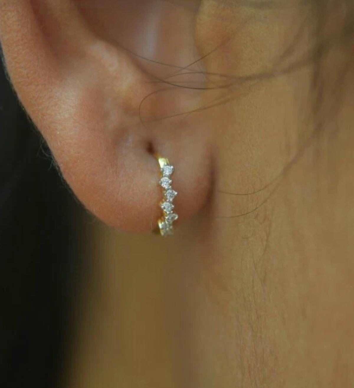 Art Deco Diamond Cluster Earring 14k Solid Gold Huggie Earrings Piercing Jewelry For Sale