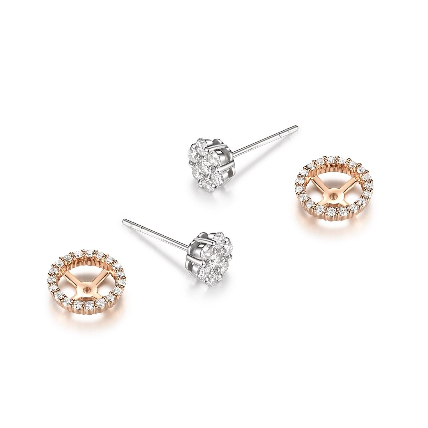 These Diamond Cluster Earrings with a Diamond Halo Jacket are an exquisite pair of earrings crafted in 18 karat rose and white gold. They feature a total of 0.83 carats of round diamonds, creating a stunning display of brilliance and elegance.

The