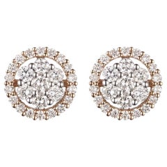 Boucles d'oreilles en or 18 carats avec grappe de diamants de 0,85 carat et halo de diamants