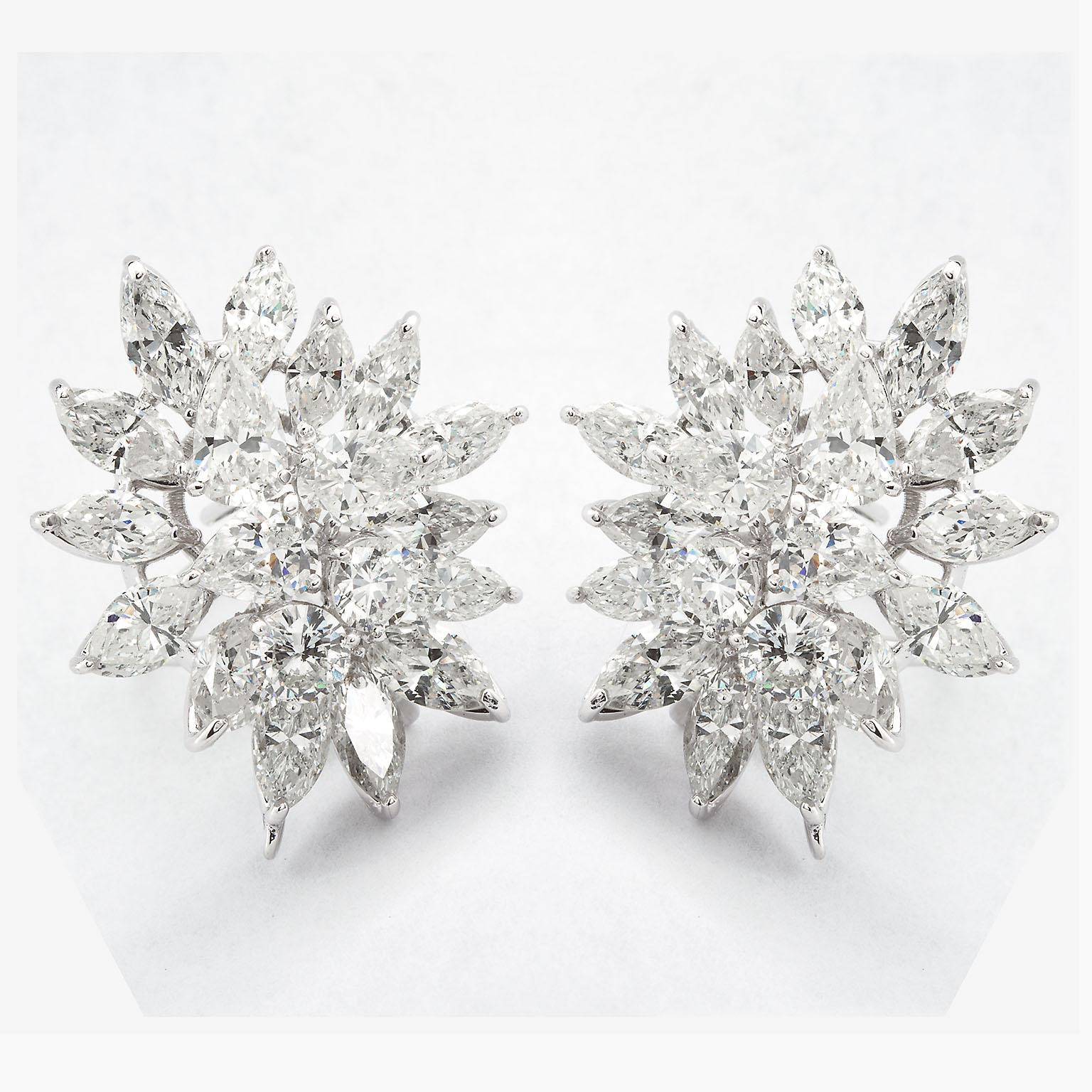 A fine pair of diamond in platinum cluster earrings with omega backs set with 38 stones of round, pear, and marquise shape. Diamond color is I-J, clarity is SI1-2. 13.45 carat total weight.
Measure 1-1/8 by 1 inches.

No. 8298