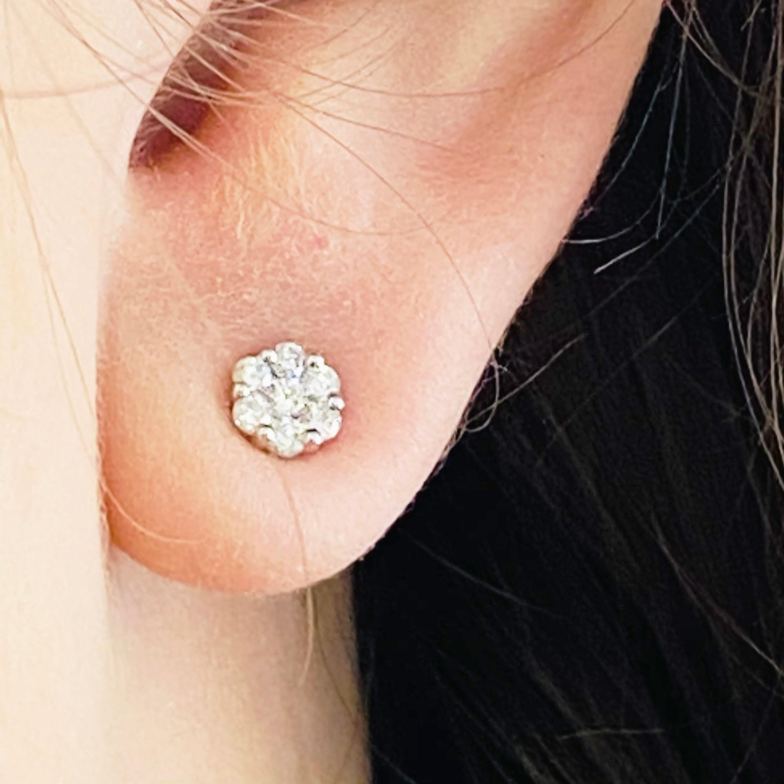 These stunning 14k white gold stud earrings dripping with diamonds provide a look that is both trendy and classic. These diamond earrings are a great staple to add to your collection, and can be worn with both casual and formal wear.  These earrings