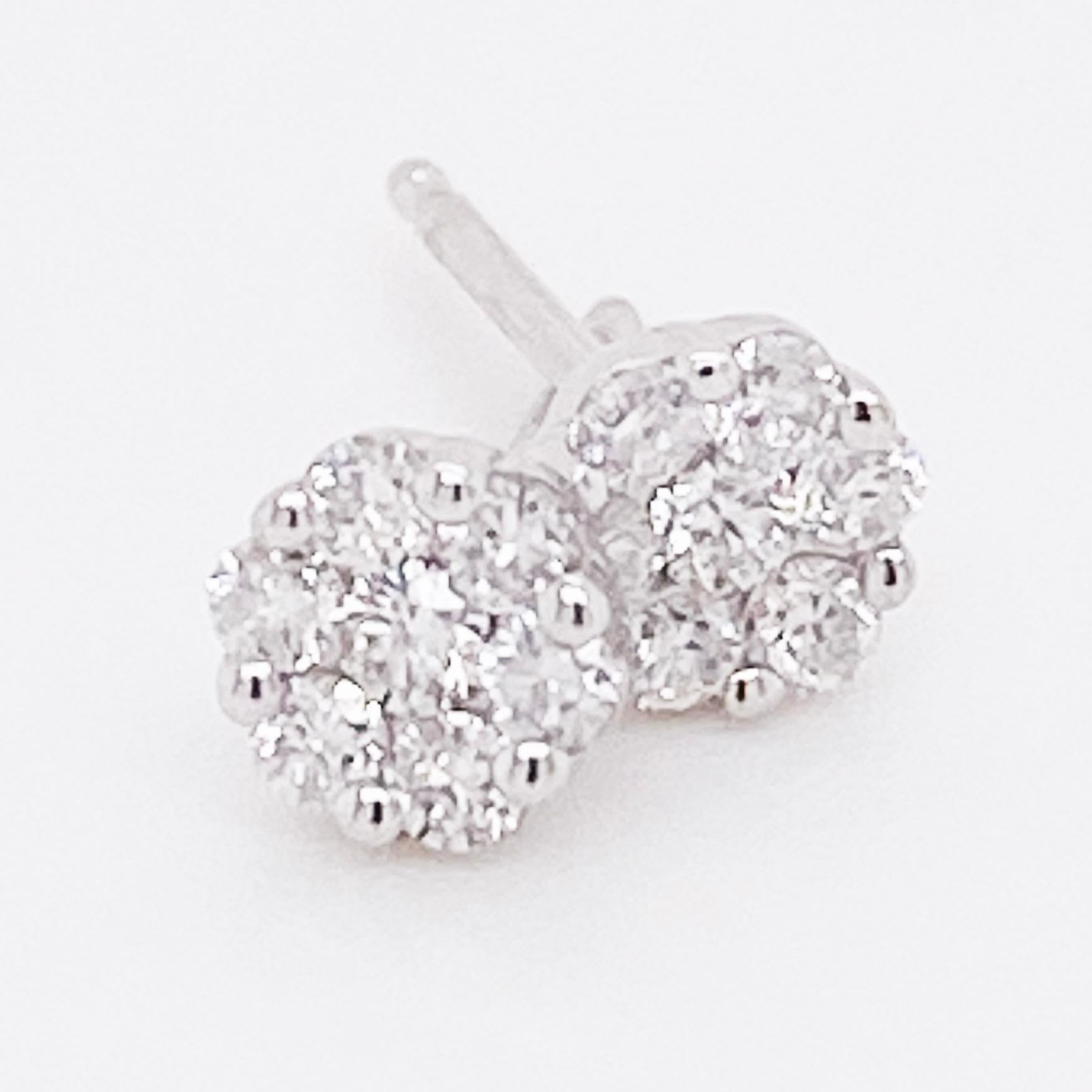 Round Cut Diamond Cluster Earrings, White Gold Diamond Stud Earrings, Dainty Earrings For Sale