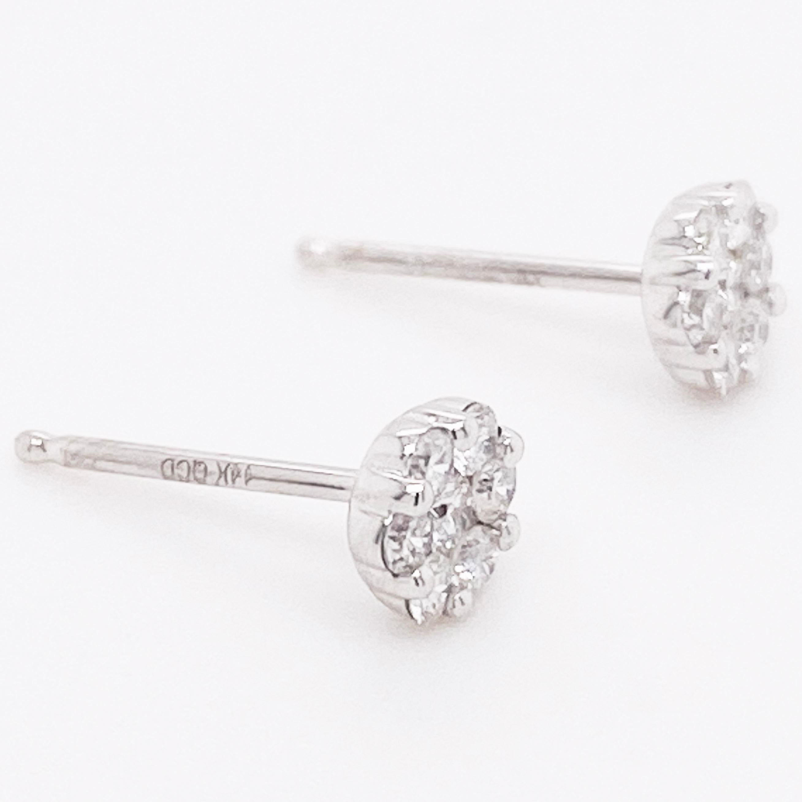 Diamond Cluster Earrings, White Gold Diamond Stud Earrings, Dainty Earrings In New Condition For Sale In Austin, TX