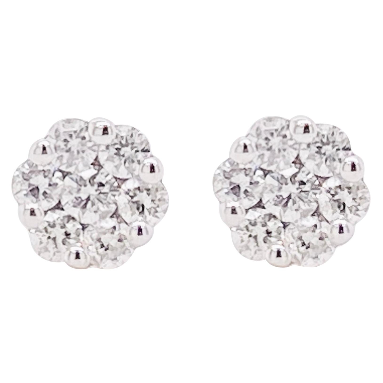 Diamond Cluster Earrings, White Gold Diamond Stud Earrings, Dainty Earrings