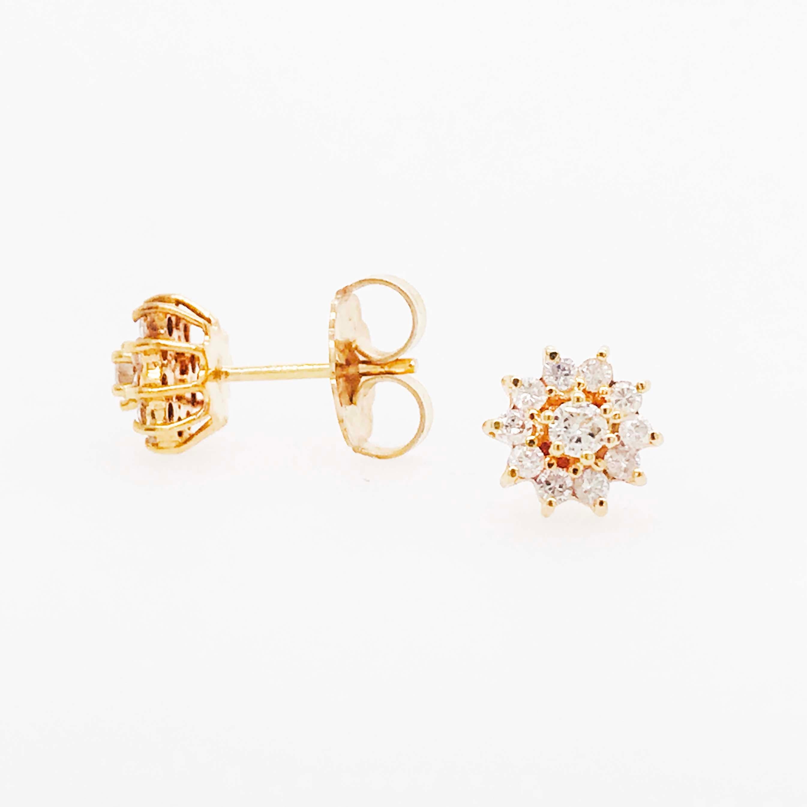 Diamond stud earrings are a staple in fine jewelry. They are great for every occasion! These diamond cluster earrings have round brilliant diamonds set in 14k yellow gold. In the center there is one round brilliant diamonds that is framed by a