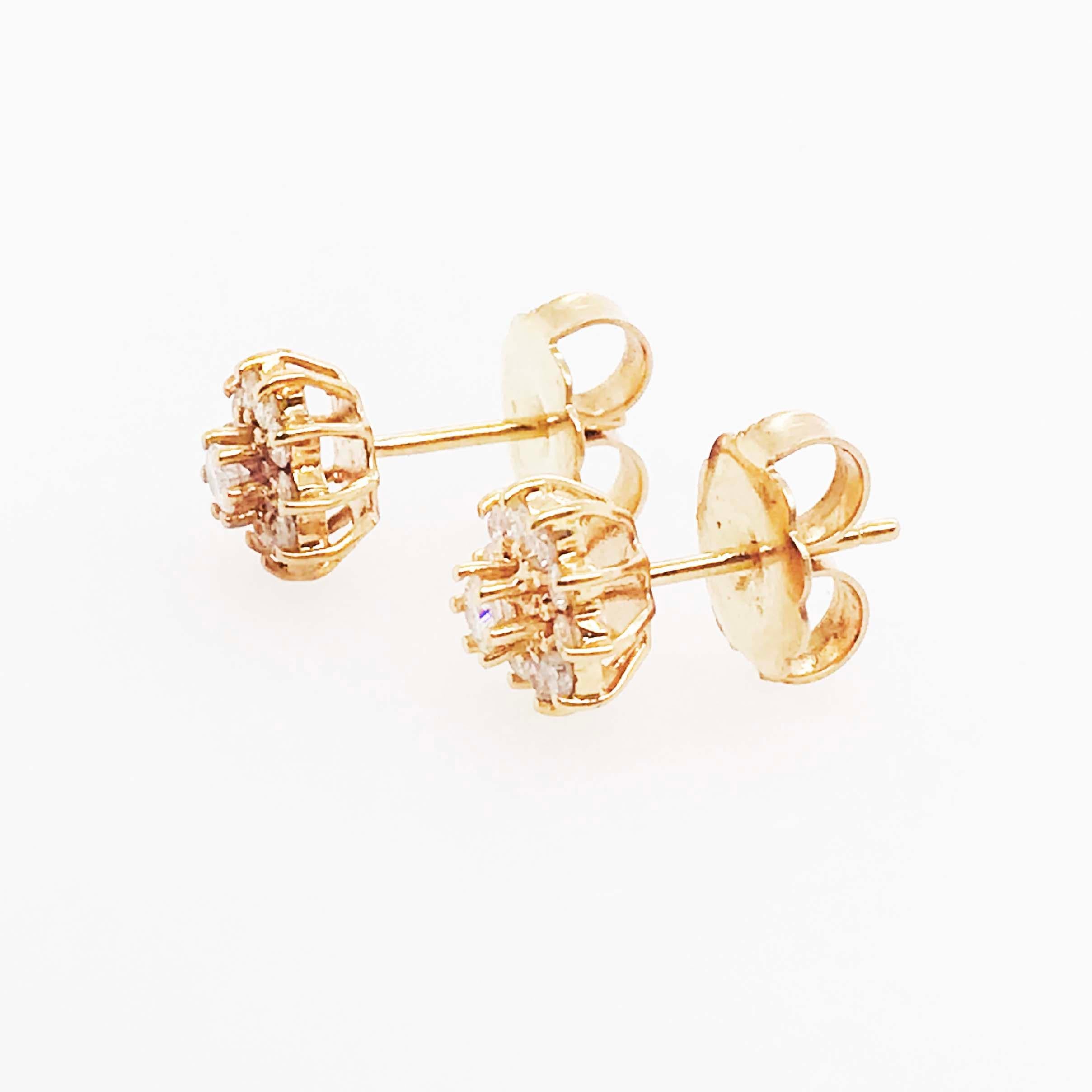 Artisan Diamond Cluster Earrings, Diamond and Diamond Halo Earring Studs in Yellow Gold