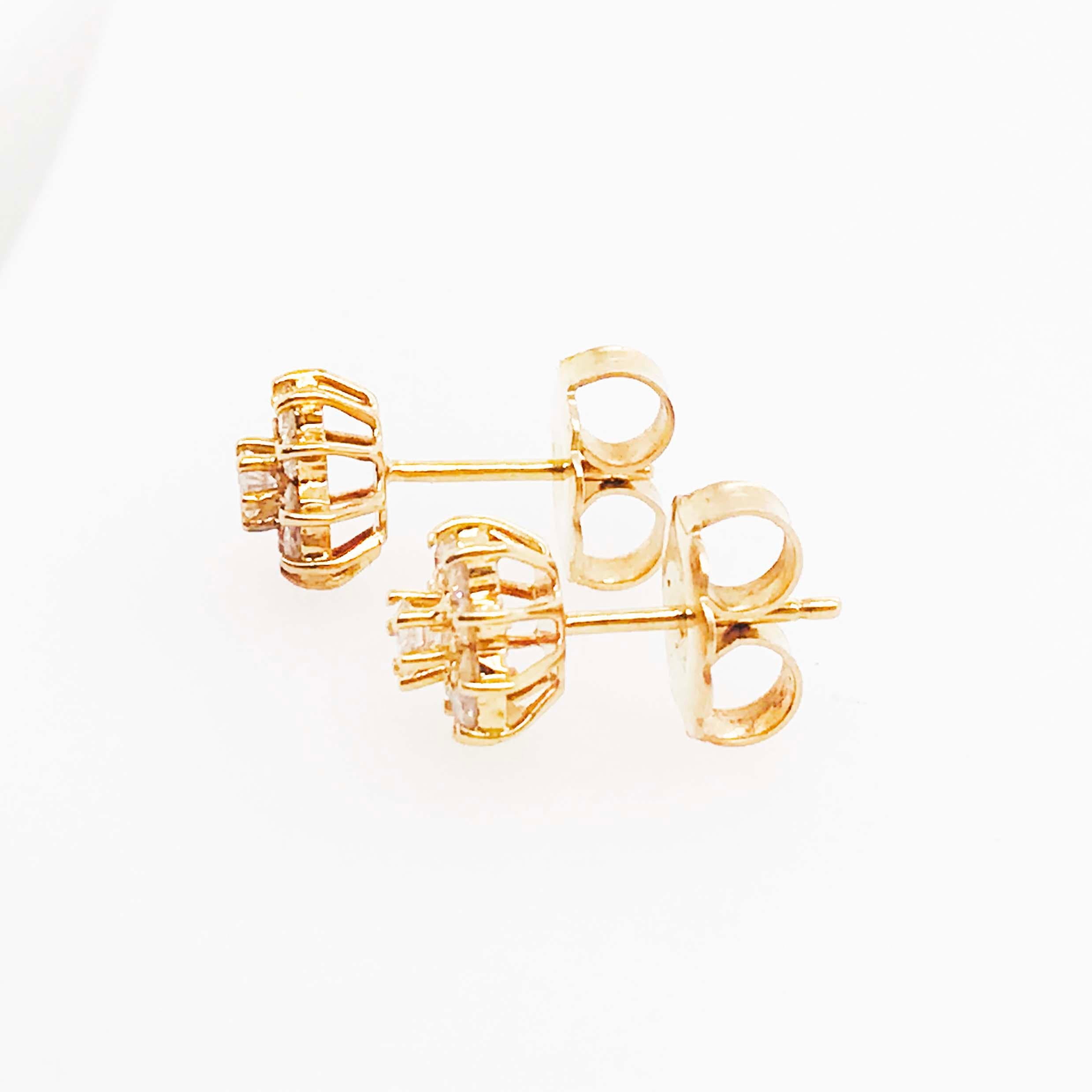 Round Cut Diamond Cluster Earrings, Diamond and Diamond Halo Earring Studs in Yellow Gold