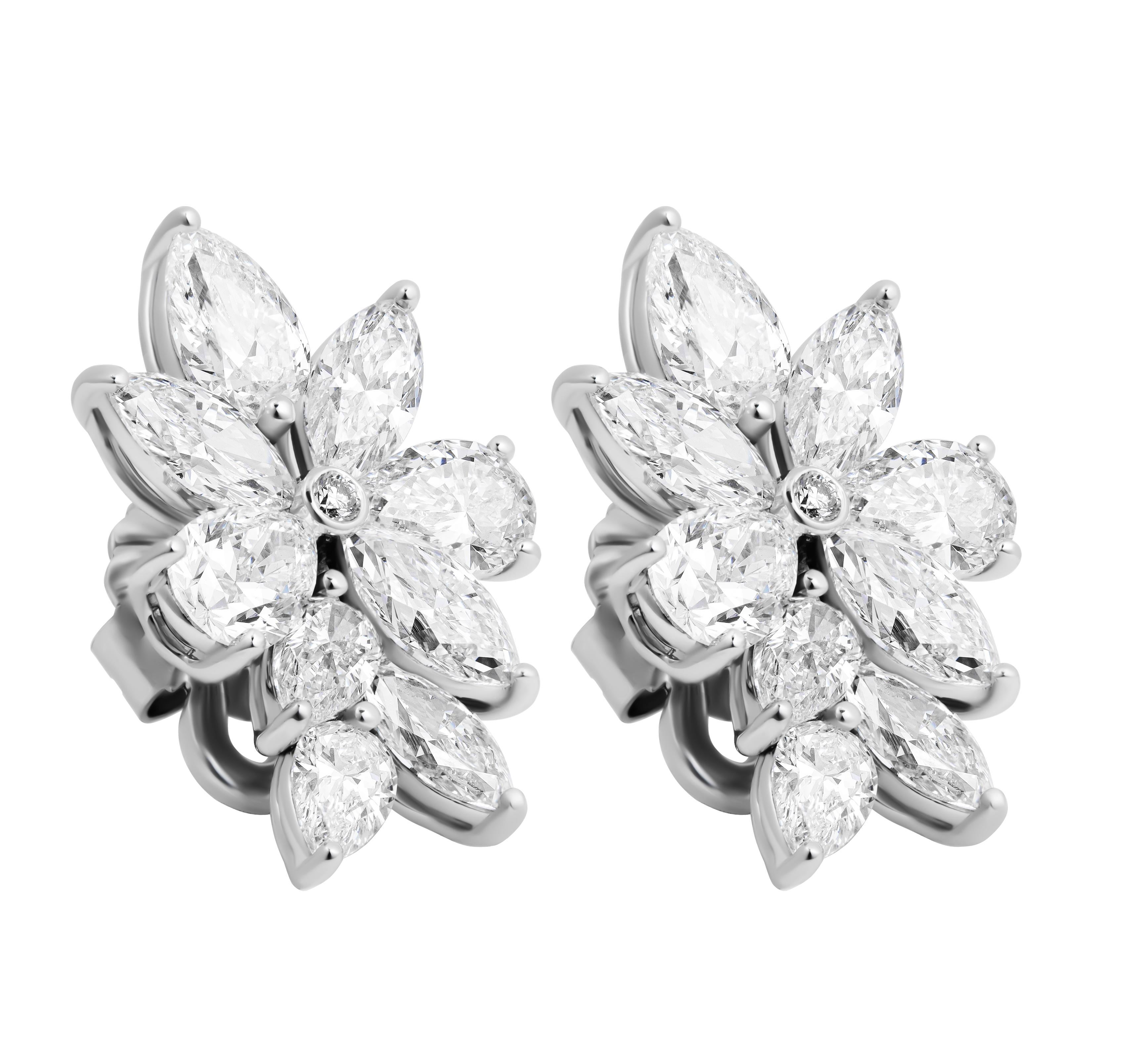 Diamond Cluster Earrings in 18k WG 
Round diamonds , Marquee and Pear Shape diamonds
All stones totaling 5.28ct

