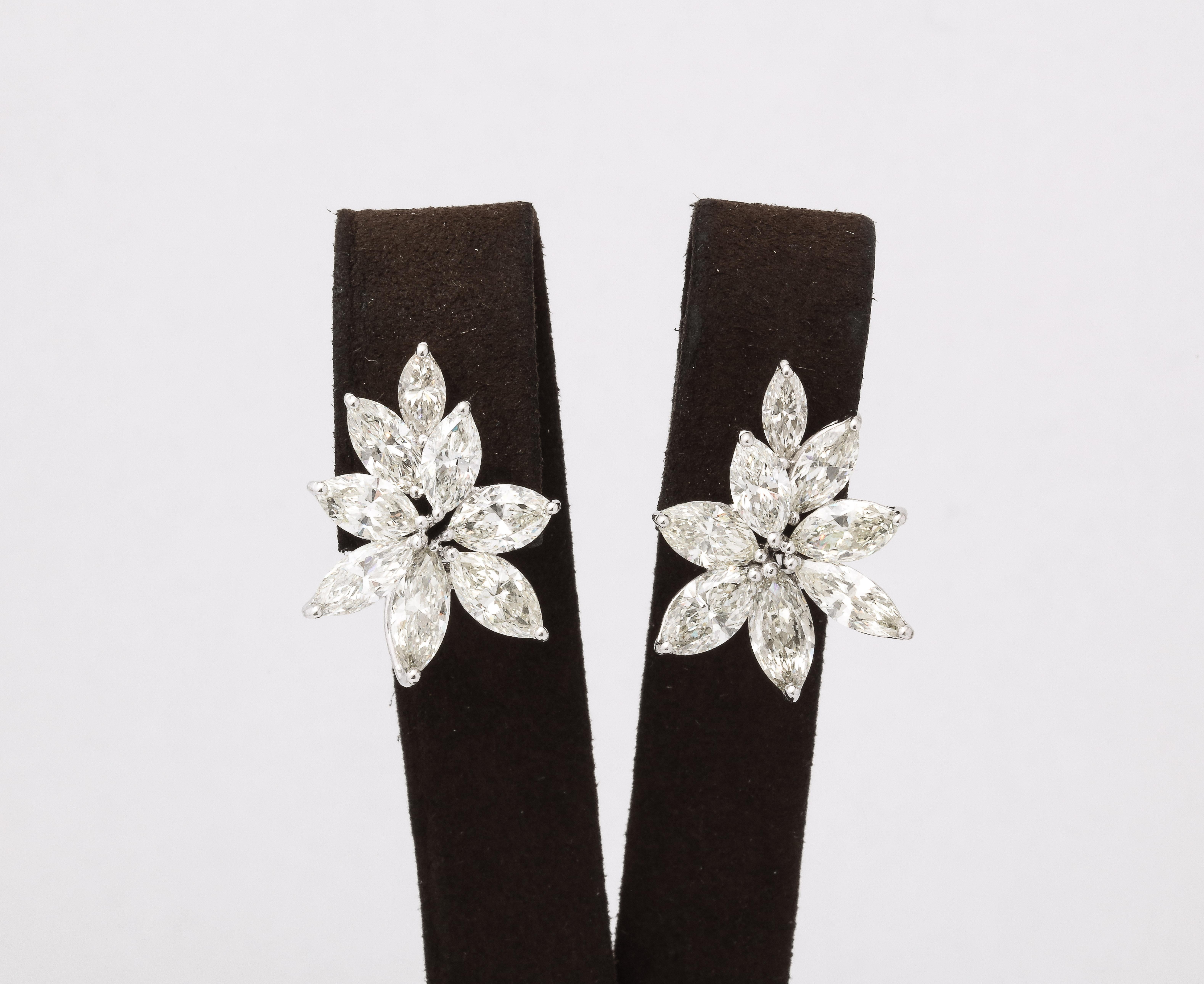 
A FABULOUS pair of cluster earrings!

10.52 carats of white, Marquise cut Diamonds set in platinum. 

Approximately 1 inch long from the highest to lowest points — 3/4 or an inch wide. 