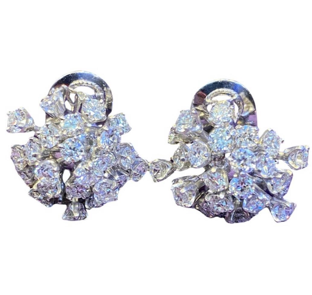 Round Cut Diamond Cluster Earrings. 

A pair of earrings consisting of 54 round cut diamonds approximately 8.30 carats.

Measurements: .75