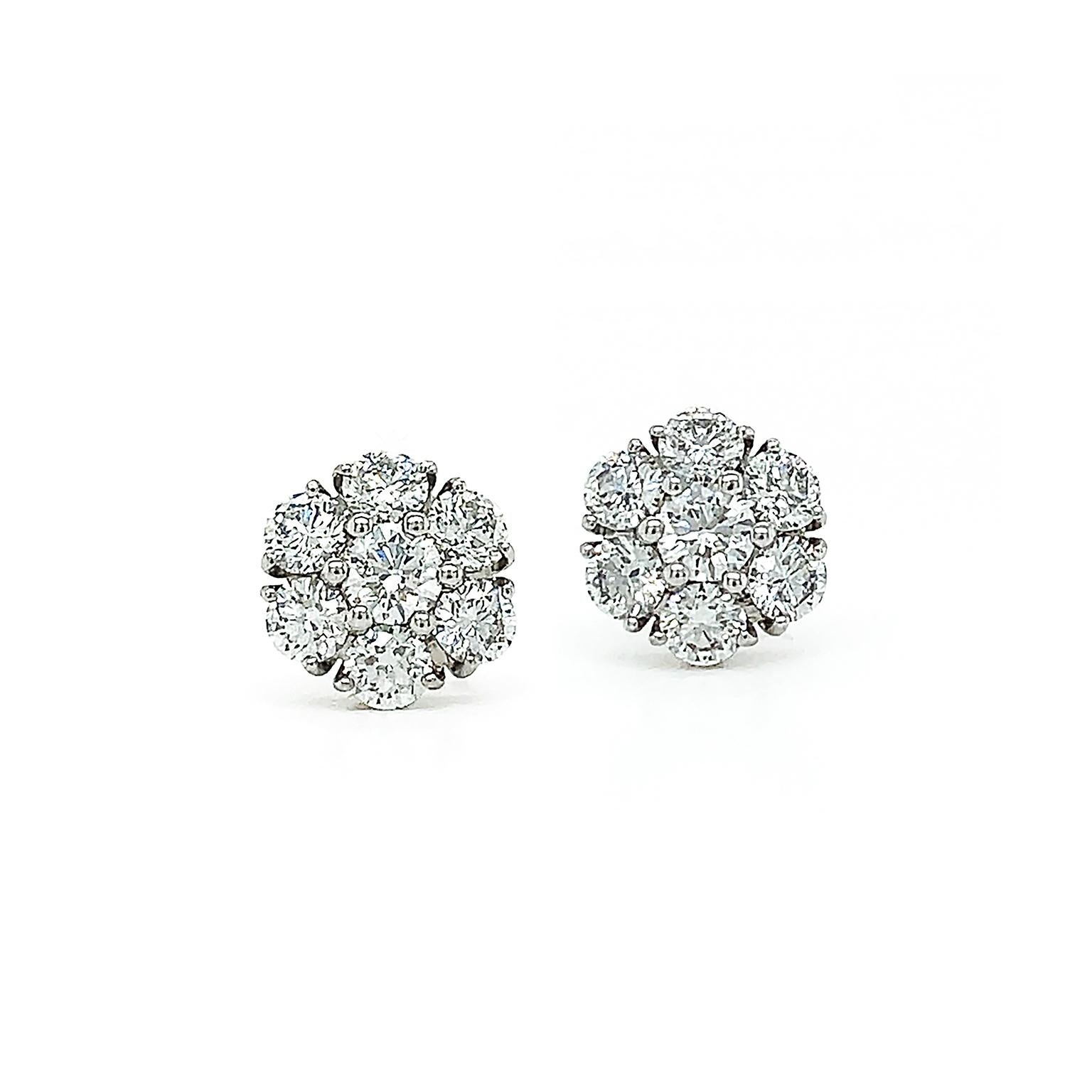 Brilliant Cut Platinum Diamond Flower Cluster Stud Earrings For Sale