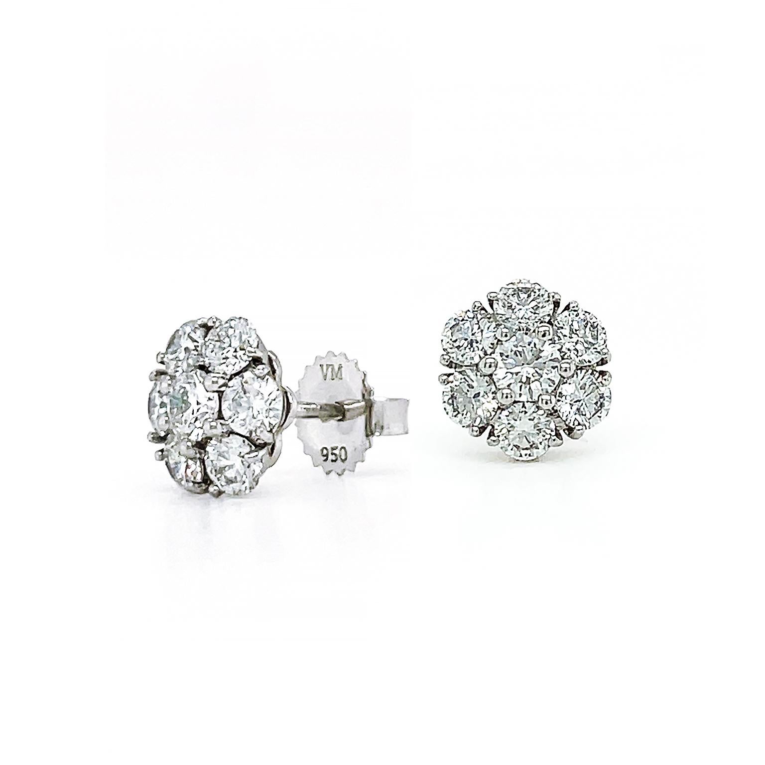 Platinum Diamond Flower Cluster Stud Earrings For Sale 2