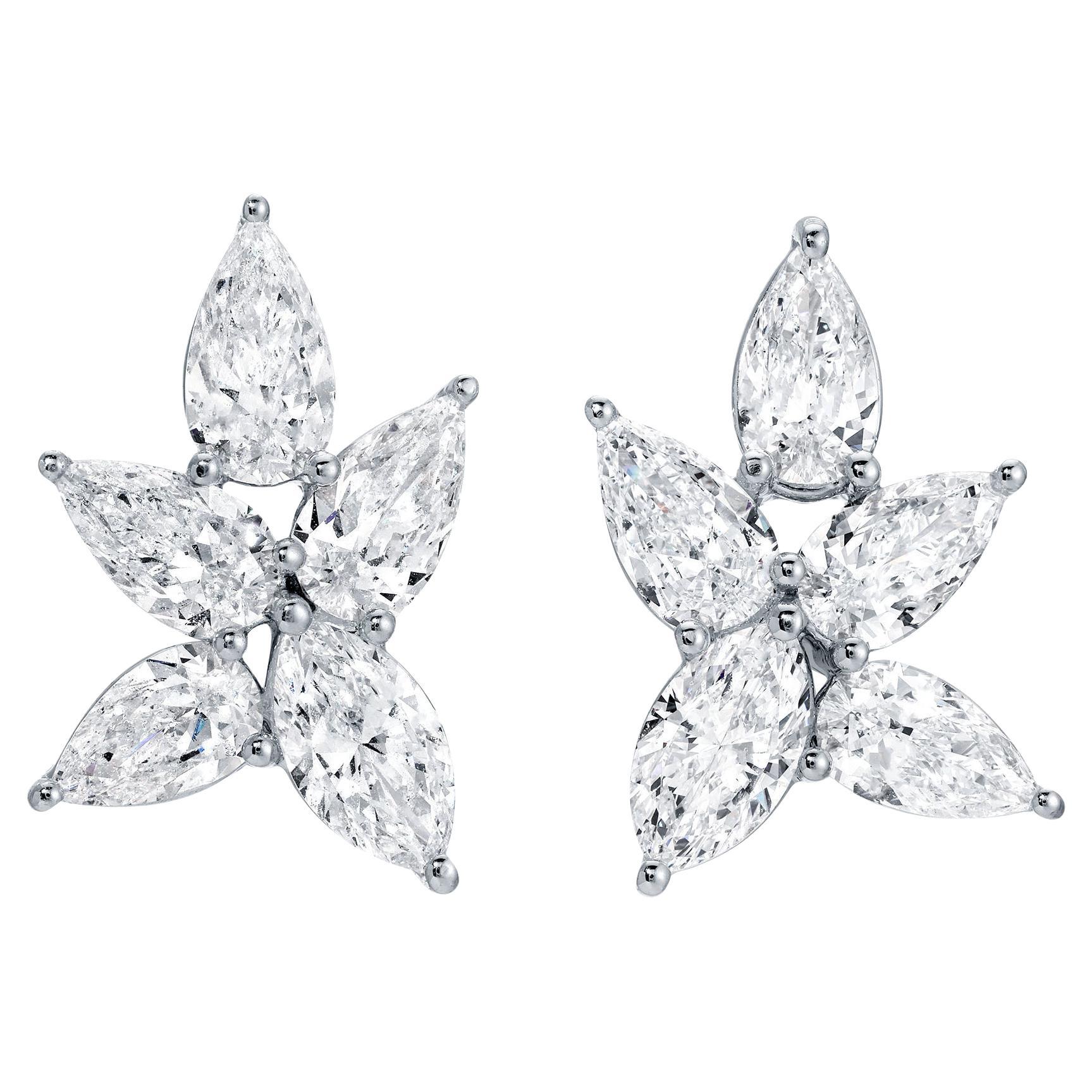 Diamond Cluster Earrings Pear and Marquise 5.8 Carats 18K White Gold