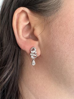 Diamond Cluster Earrings with Pear Diamond Drop in Platinum and 18k White Gold