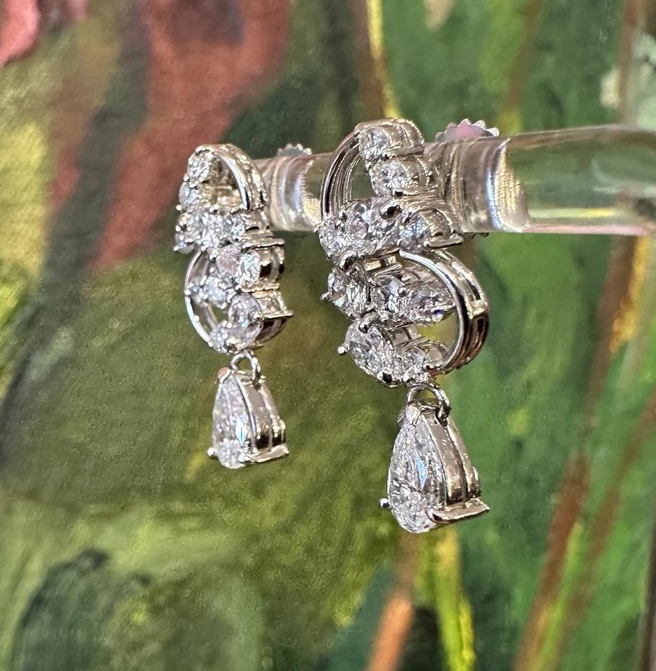 Pear Cut Diamond Cluster Earrings with Pear Diamond Drop in Platinum and 18k White Gold For Sale