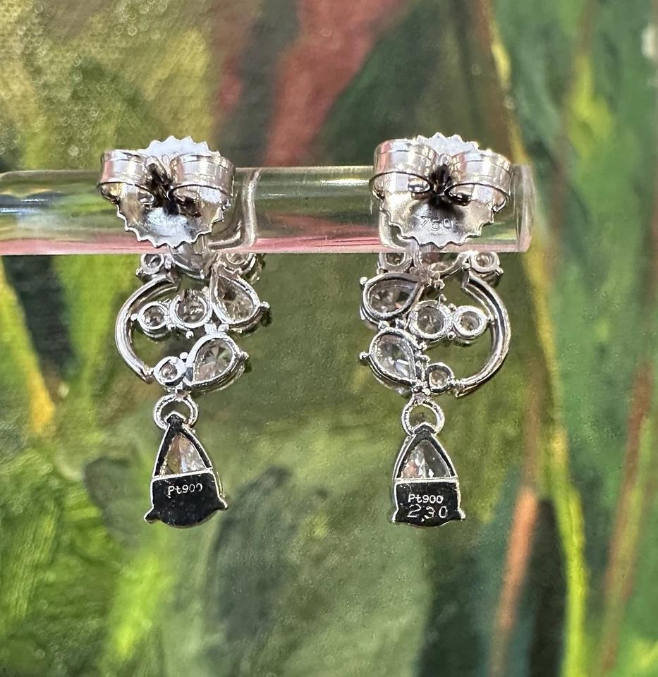 Diamond Cluster Earrings with Pear Diamond Drop in Platinum and 18k White Gold In Excellent Condition For Sale In La Jolla, CA