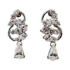 Diamond Cluster Earrings with Pear Diamond Drop in Platinum and 18k White Gold