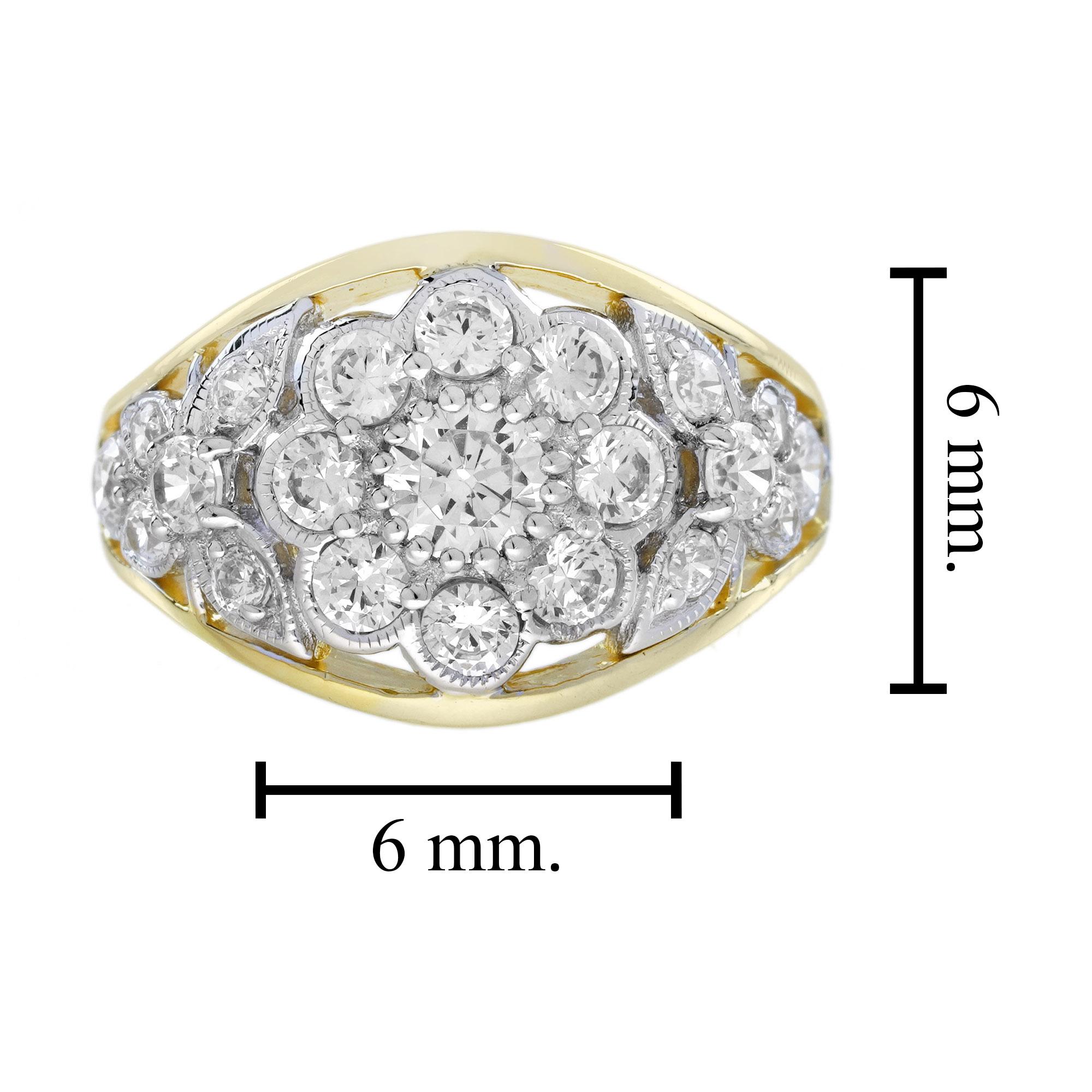 Anello a cupola con cluster di diamanti in stile floreale edoardiano in oro bicolore 18 carati in vendita 1