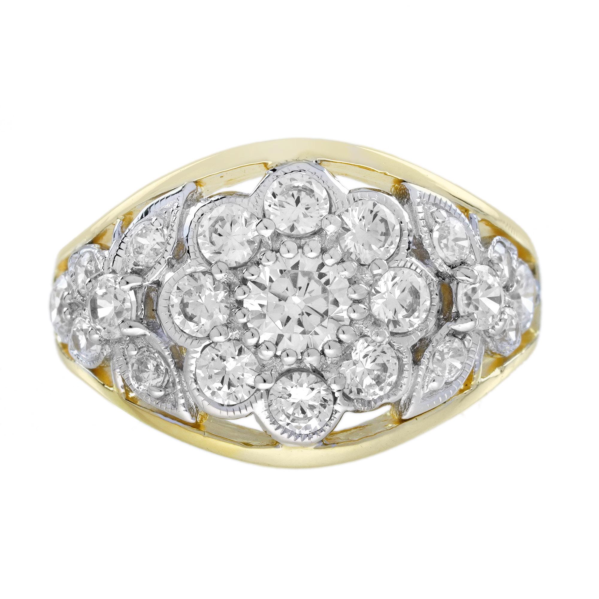 Édouardien Bague dôme de style floral édouardien en or bicolore avec grappes de diamants en vente