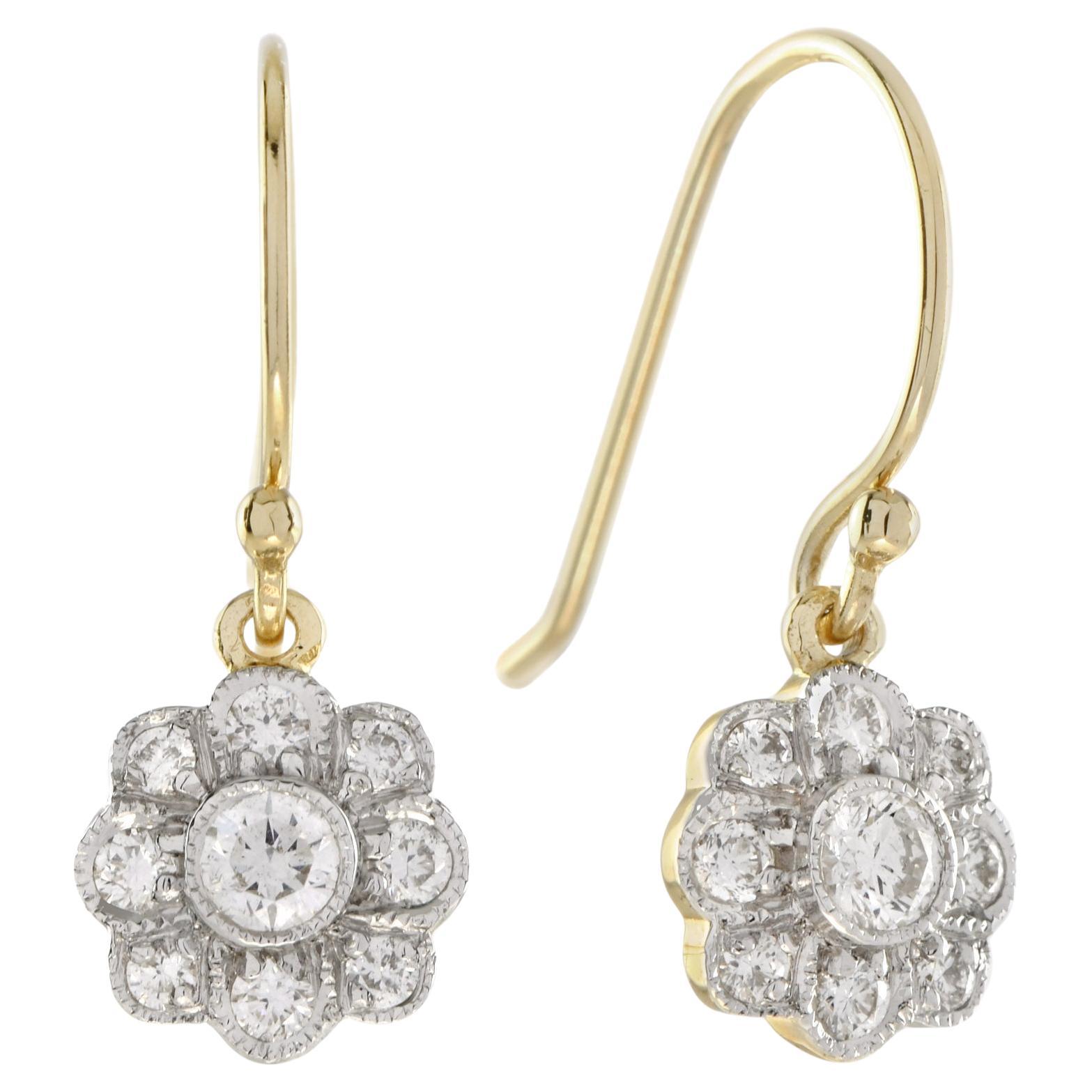 Pendientes de gota estilo eduardiano con racimo de diamantes en oro amarillo de 14 quilates