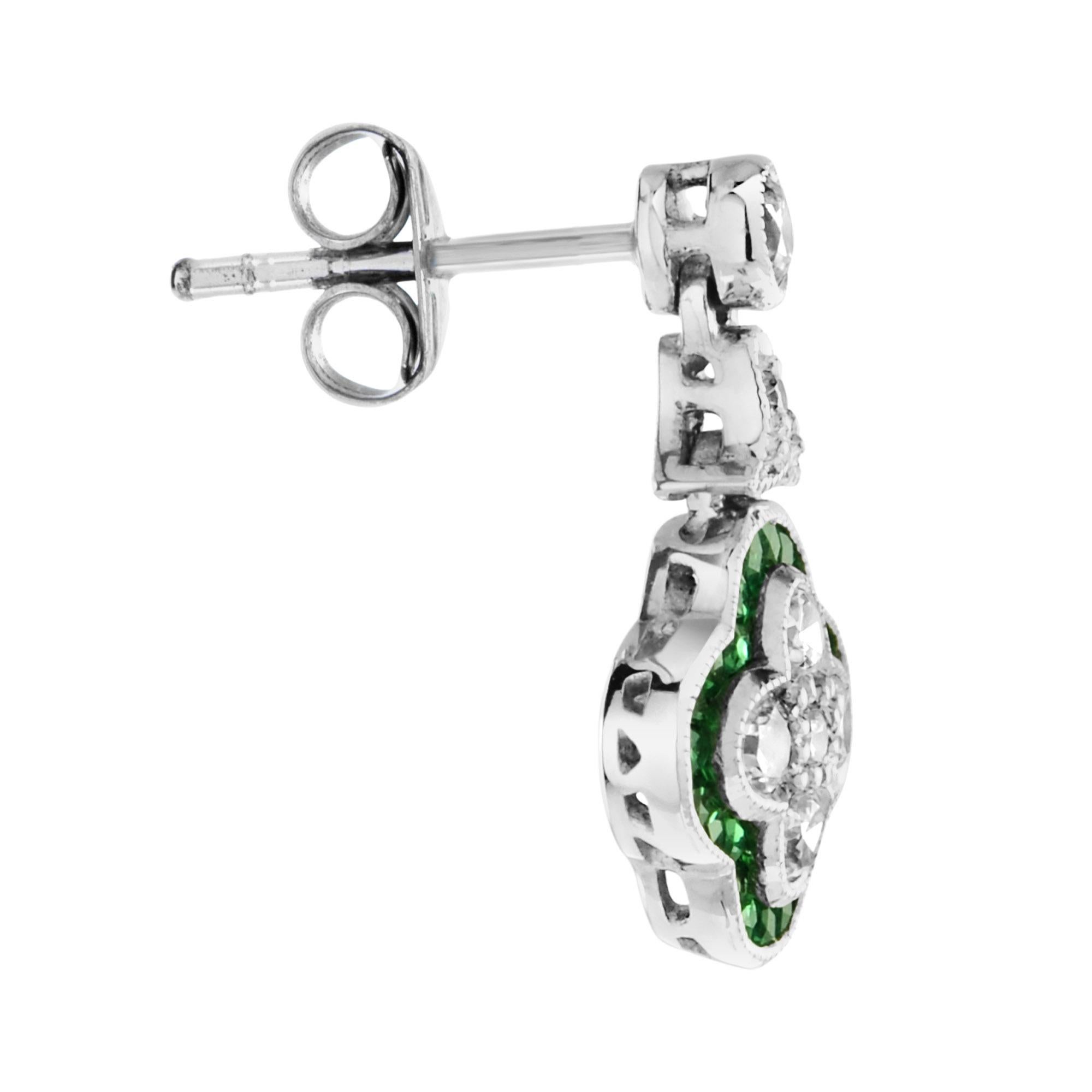 Round Cut Diamond Cluster Emerald Art Deco Style Floral Drop Earrings in 18K White Gold
