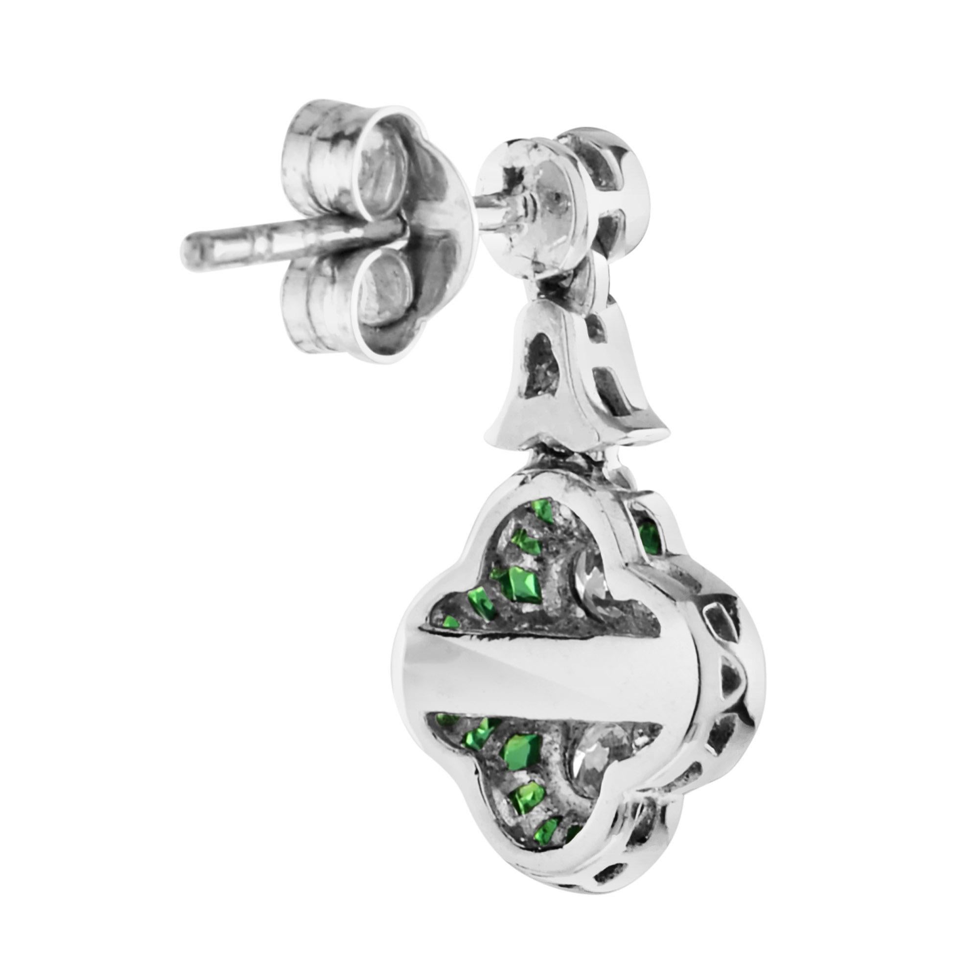 Diamond Cluster Emerald Art Deco Style Floral Drop Earrings in 18K White Gold In New Condition In Bangkok, TH