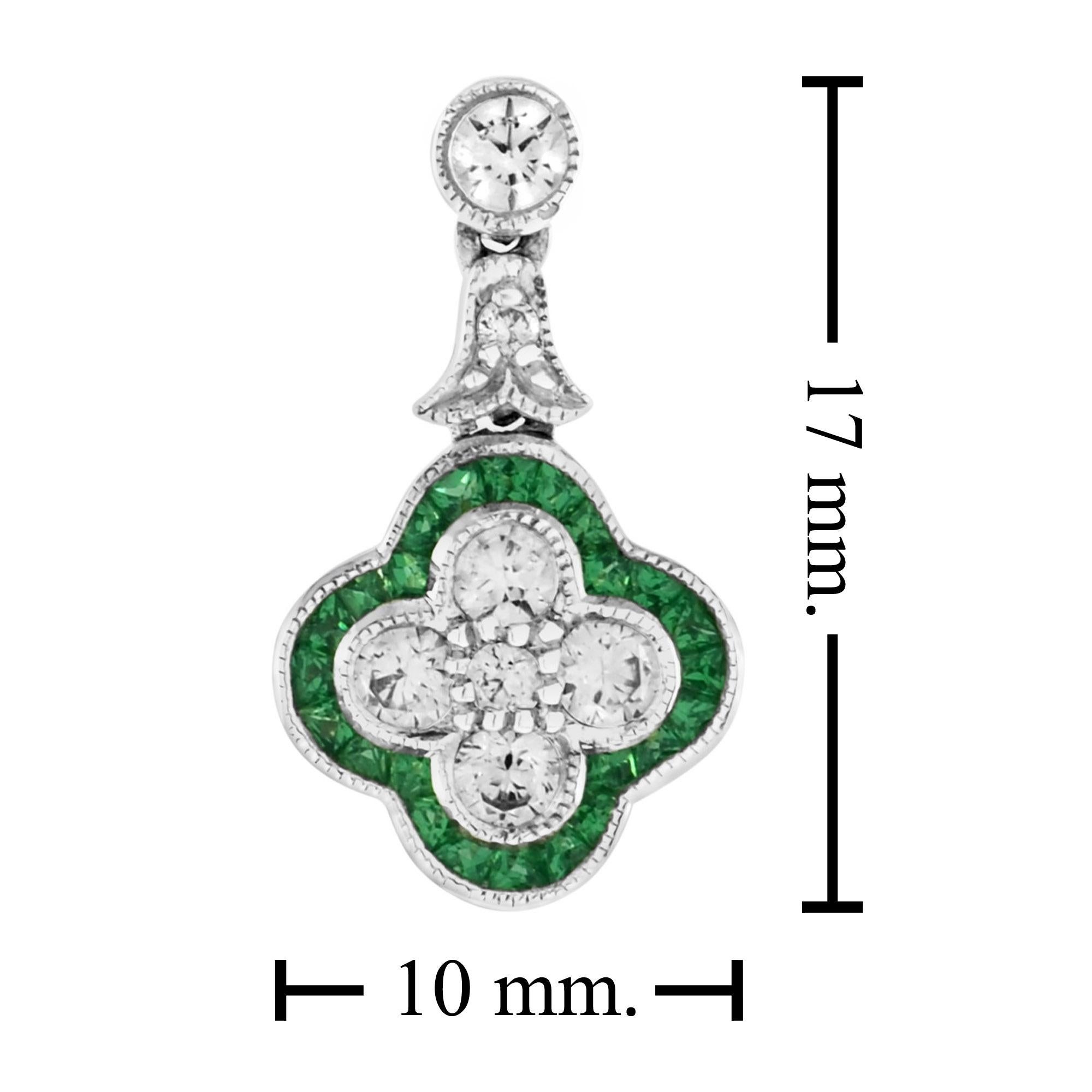 Women's Diamond Cluster Emerald Art Deco Style Floral Drop Earrings in 18K White Gold