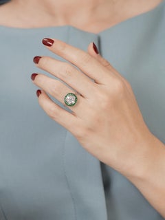 Diamond Cluster Emerald Art Deco Style Target Ring in 18K White Gold