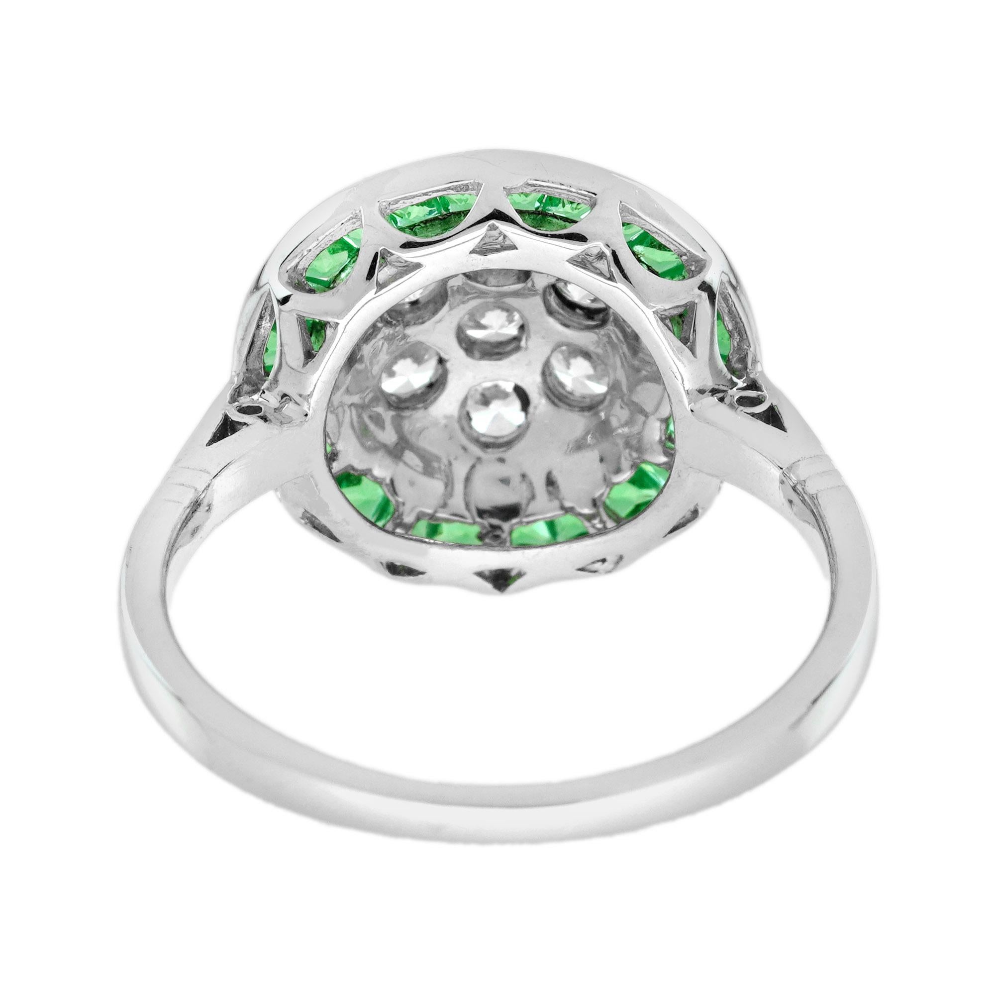 da uomo o donna Anello target con diamante a grappolo e smeraldo in stile Art Déco in oro bianco 18 carati in vendita