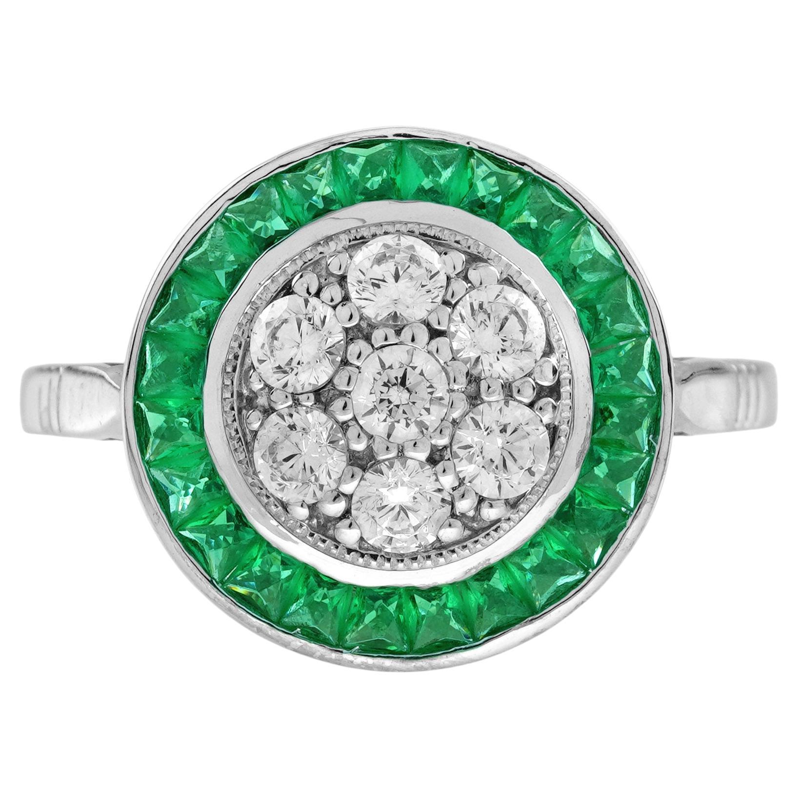Diamond Cluster Emerald Art Deco Style Target Ring in 18K White Gold For Sale